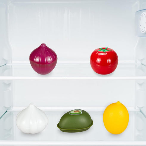 Vegetable and Fruit Storage Containers for Refrigerator, Pack of 5 Lemon Tomato Garlic Avocado Onion Shaped