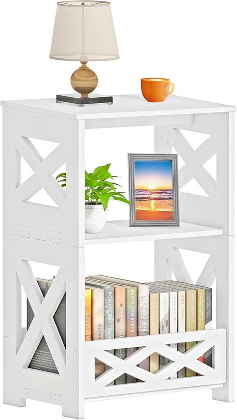 BYFU White Side Table, Small End Table with Storage Shelf, 3-Tier Nightstand for Bedroom and Living Room