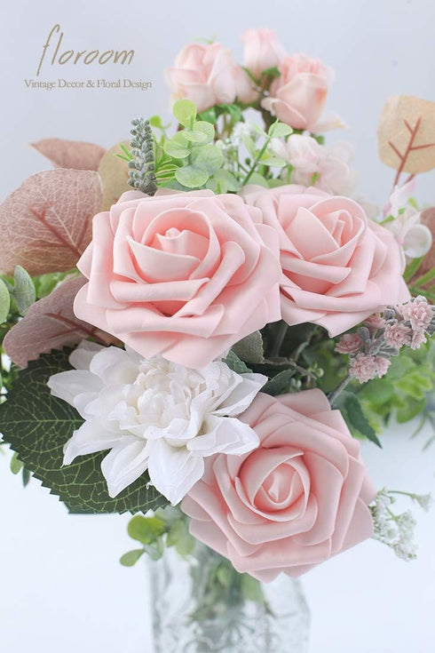 Floroom Artificial Flowers 50pcs Real Looking Blush Foam Fake Roses with Stems for DIY Wedding Bouquets