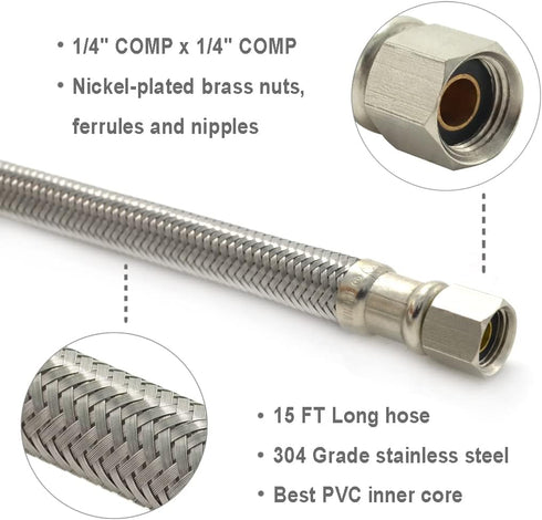 Ice Maker Hose 15 FT, Stainless Steel Braided Refrigerator Ice Maker Connector Water Supply Line with 1/4" Comp by 1/4" Comp Connection