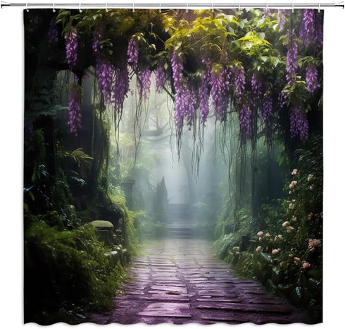 Misty Forest Shower Curtain, Purple Floral Foggy Jungle Nature Landscape Bathroom Decor, Green Plants Polyester with