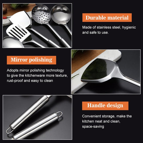 5 PCS Cooking Utensils Set, Stainless Steel Kitchen Gadgets, Includes Slotted Spoon, Slotted Spatula, Large Spoon, Soup