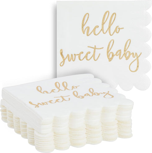 50 Pack White Scalloped Napkins 5x5 Inch with Gold Foil Hello Sweet Baby - Gender Neutral Baby Shower Table Decor for
