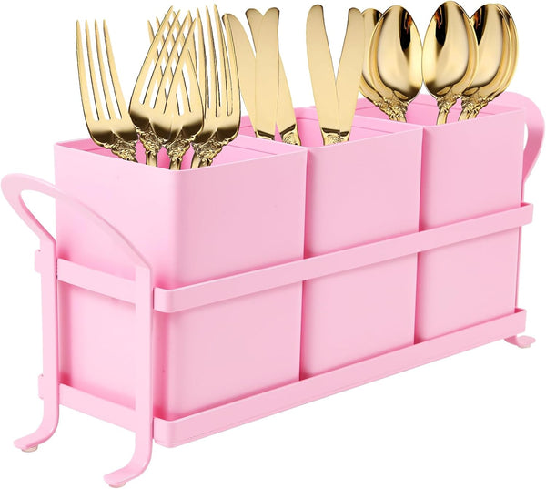 Metal Silverware Caddy - 3 Compartment Utensil Holder with Metal Rack, Flatware Cutlery Organizer for Countertop, Pink