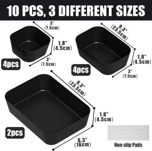 Plastic Drawer Organizers, 10 PCS Drawer Organizer Bins, Bathroom and Vanity Organizer Plastic Tray, Makeup organizer and storage for Makeup, Bedroom, Kitchen Gadgets Utensils and Office (Black)