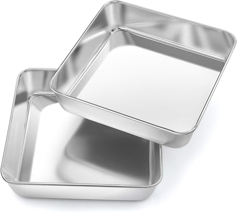 P&P CHEF 8 Inch Square Baking Cake Pan, 2 Pcs Stainless Steel Bakeware for Birthday Cake, Lasagna, Brownie