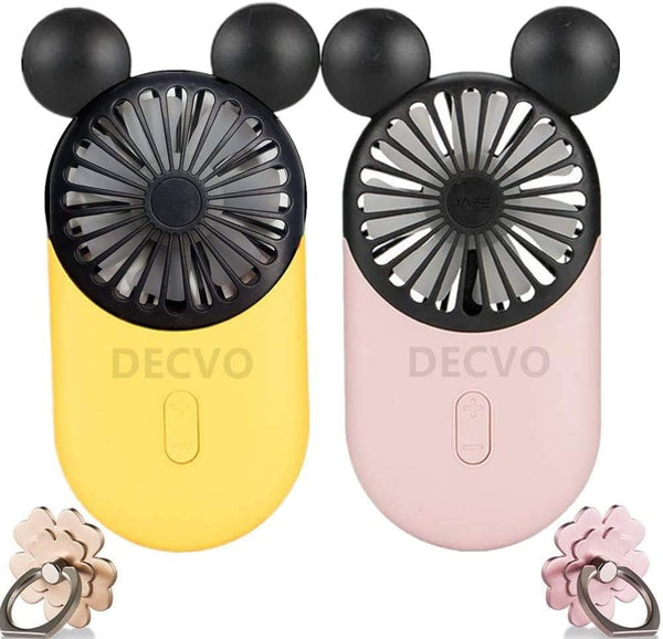 Cute Personal Mini Fan, Handheld USB Rechargeable Fan with LED Light, 3 Adjustable Speeds, 2 Pack (Yellow+Pink)