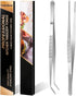 Gutsdoor Kitchen Tweezers Set of 2 Stainless Steel Tongs with Precision Serrated Tips for Cooking (8 Inch)