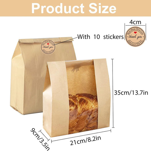 10 Pack Large Paper Bread Bags for Homemade Sourdough Loaves Bread Bags with Window for Homemade Bread Gift Giving, Sourdough Bread Packaging Storage with Label Seal Stickers(13.7x8.2x3.5 inch) by UDAREIT