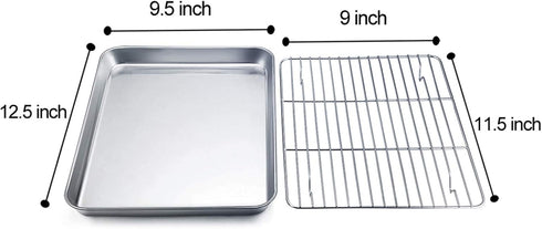 TeamFar Baking Pan with Rack Set of 4, 12.5’’ x 9.5’’ Stainless Steel Toaster Oven Baking Pan with Cooling Rack, Healthy & Non Toxic, Easy Clean& Mirror Finish, Dishwasher Safe - (2 Pans + 2 Racks) by TeamFar