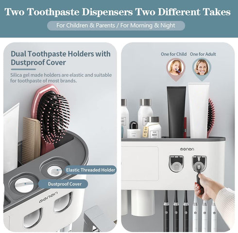 6 2 2 Toothbrush Holders for Bathrooms Wall Mounted, Slot Toothbrush Holder with Automatic Toothpaste Dispensers