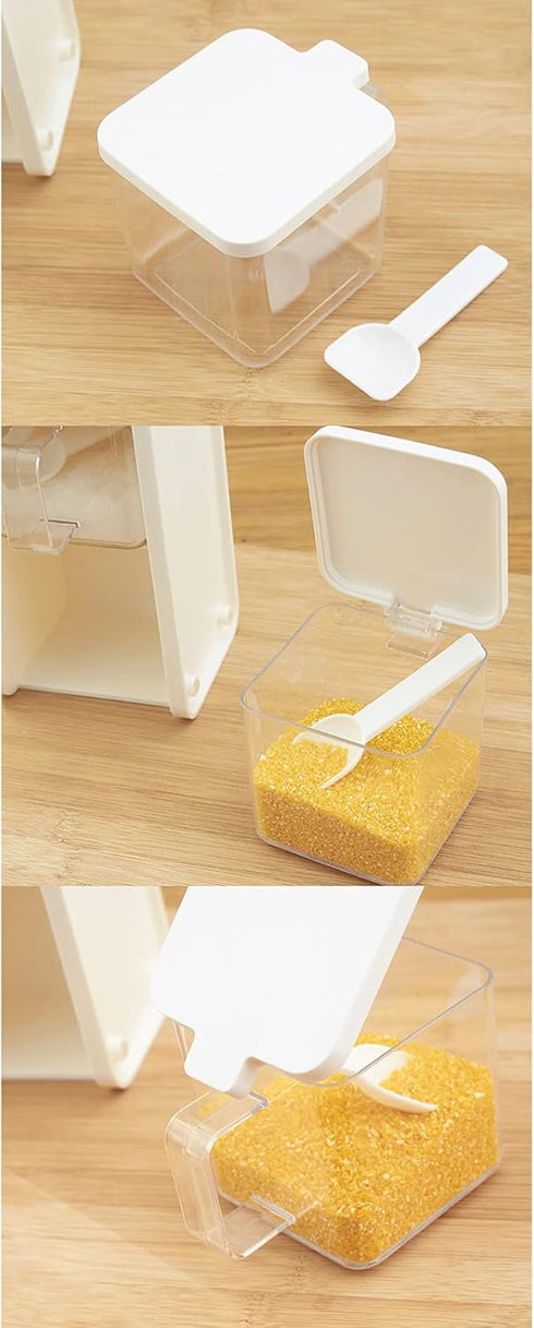 2 Pack 3 Set Hedume Grids Clear Seasoning Box with Handle and Spoon, Seasoning Storage Container Rack Combo