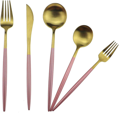 Gugrida Pink Gold Flatware Set, 5 Piece Matte Pink Handle 18/10 Stainless Steel Tableware for 1, Camping Utensils