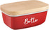 ALELION Red Butter Dish with Lid and Knife, Ceramic Container with Beech Wood Lid for Kitchen Decor
