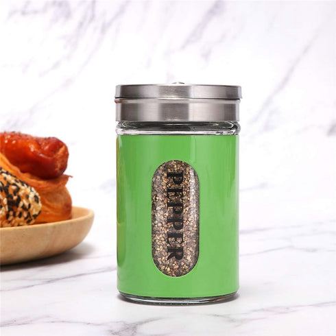 Salt and Pepper Shakers Set, Stainless Steel and Glass with Adjustable Pour Holes (Green)