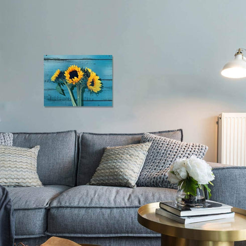 Rustic Bathroom Decor, Sunflower Themed Farmhouse Wall Art, Teal Canvas Framed Artwork for Modern Home 12x16