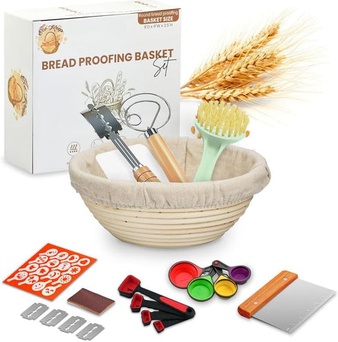 Bread Proofing Basket Set, 9 Inch Round Banneton with Scraper & Lame for Sourdough Bread Baking