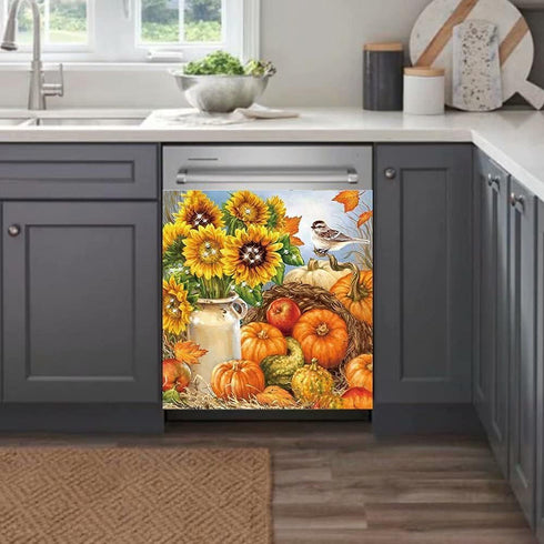 Fall Bountiful Harvest Magnetic Dishwasher Cover Decal, Pumpkins Sunflowers Design, 23" x 26"