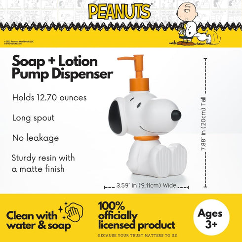 12.70 Peanuts Snoopy Soap/Lotion/Hand Sanitizer Resin Pump Dispenser, Ounces, (Officially Licensed Product) by Franco