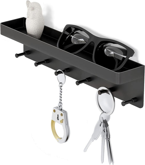 MKO Key Holder Wall Mount, Adhesive Key Holder with Mail Organizer Tray and 6 Hooks for Wall, Black