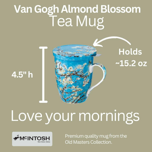McIntosh Mugs Van Gogh Almond Blossom Fine Bone China Tea Mug with Lid and Infuser (15 oz)