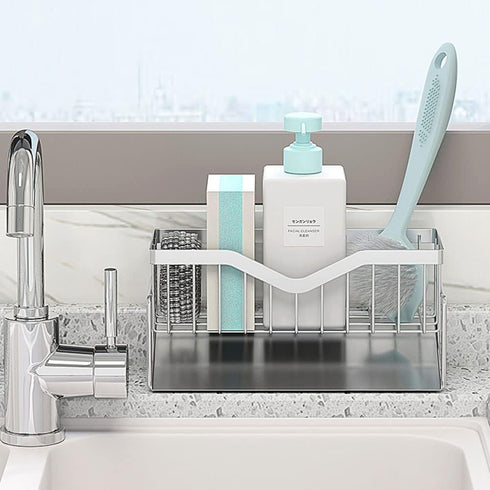 MINGFANITY 304 Kitchen Sink Caddy Sponge Holder, Quick Draining, SUS Stainless Steel Sponge Organizer, Basket