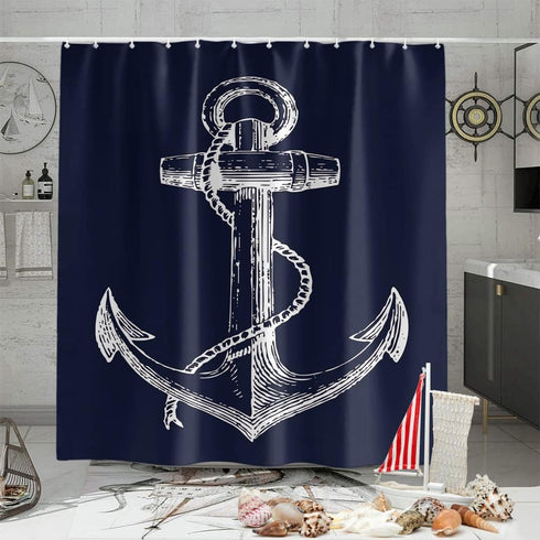 Custom Nautical Navy Blue Anchor Shower Curtain, 70x72 Inch