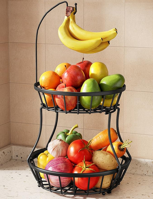 SAYZH 2-Tier Fruit Basket Bowl Stackable Vegetable Storage with Banana Tree Hanger Stand