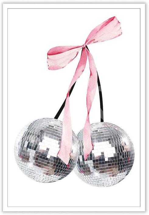 Generic Vintage Disco Bow Posters White Cherry Canvas Wall Art Funky Coquette Pink