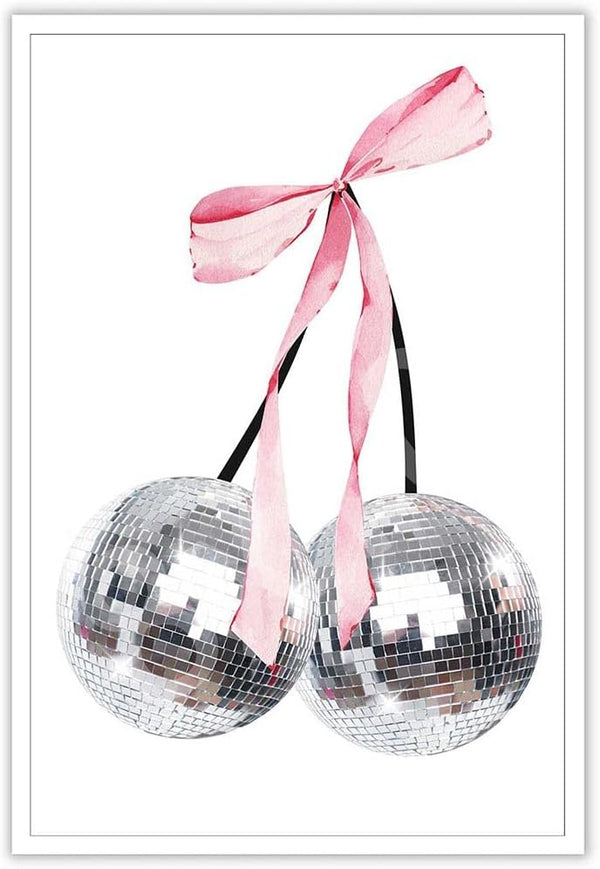 Generic Vintage Disco Bow Posters White Cherry Canvas Wall Art Funky Coquette Pink
