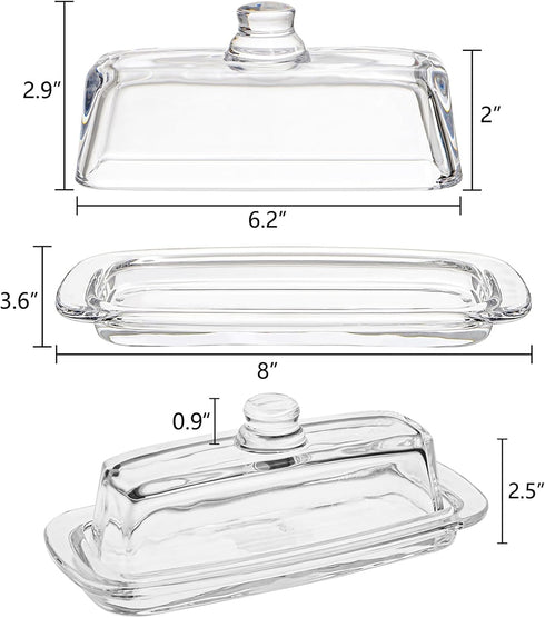 Set 2 2-Piece Hedume of Glass Butter Dish with Handled Lid, Classic Clear Design Butter Keeper, Food Safe