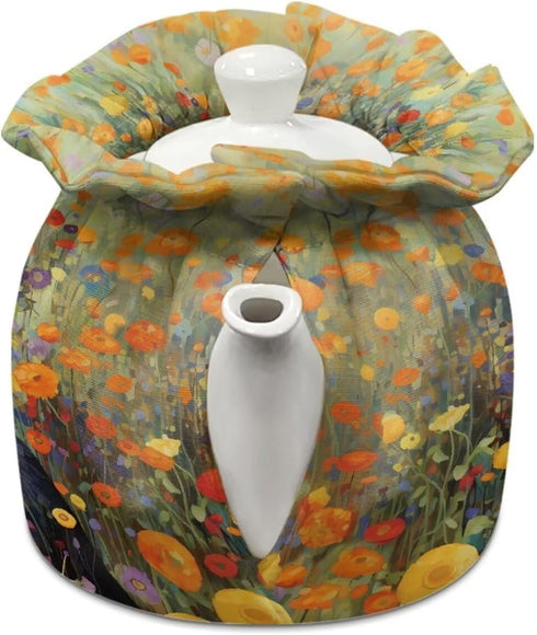 Black Cat Floral Print Tea Pot Cosy Cotton Tea Cozy for Teapots Dust Cover Insulated Kettle Cover Teapot Warmer for Home Kitchen Decorative Accessories