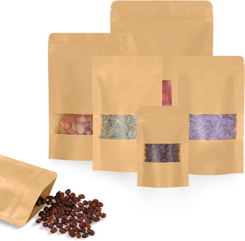 100pcs Kraft Bags with Window 3.5x5.5 Inches Brown Reusable Sealable Zip Lock Food Storage Stand up Paper Pouches for Home or Business by Larzack