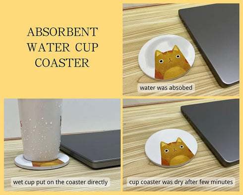 Set 6 Coasters of Round Ceramic Stone Absorbent Cute Cat Drinks Coasters for Cups and Mugs, Coffee Table, Office Desk
