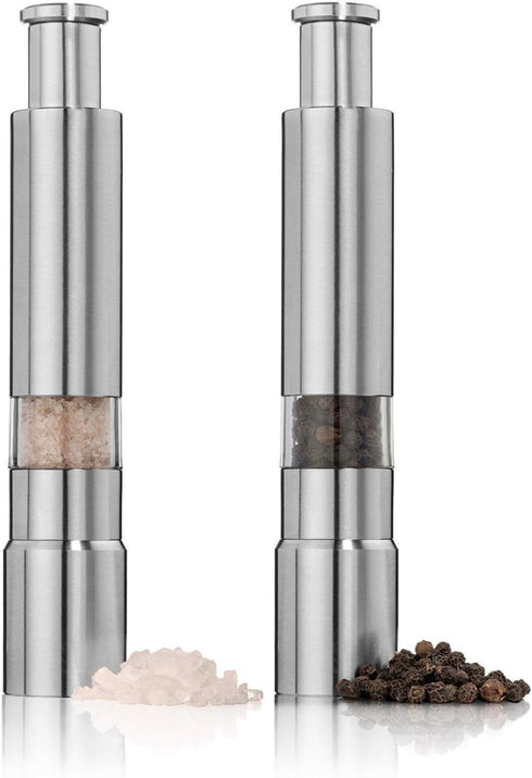 Salt and Pepper Grinder Set of 2, Stainless Steel Push Button Grinder for Black Pepper and Sea Salt