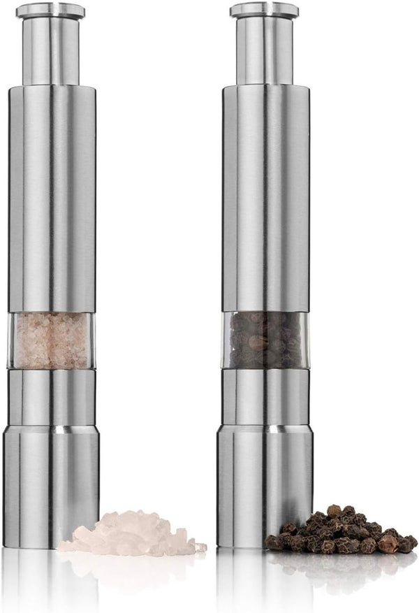 Salt and Pepper Grinder Set of 2, Stainless Steel Push Button Grinder for Black Pepper and Sea Salt