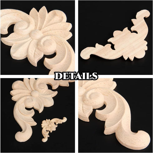 4-Pack, 12x12cm/4.72"x4.72" MUXSAM Wood Carved Onlay Appliques, Unpainted Wooden Corner Carving Decals, Furniture Decor