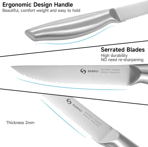 Steak Knife Set of 8, German Stainless Steel Serrated Steak Knives, Silver