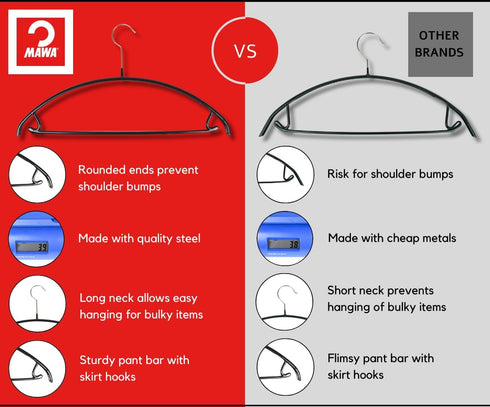 Mawa by Reston Lloyd Non Slip Metal Clothing Hanger, Smooth Shoulder Support with Skirt Hooks, Model 42-U