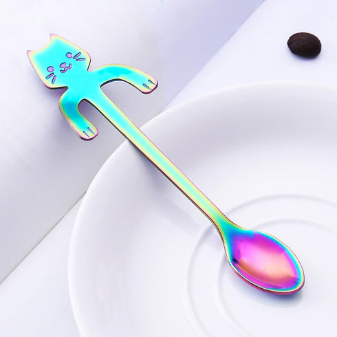 Cat Spoon Coffee Tea Spoon Set, ESRISE Stainless Steel Mini Long Cute Kitten Teaspoons for Dessert Mixing (Multicolor)