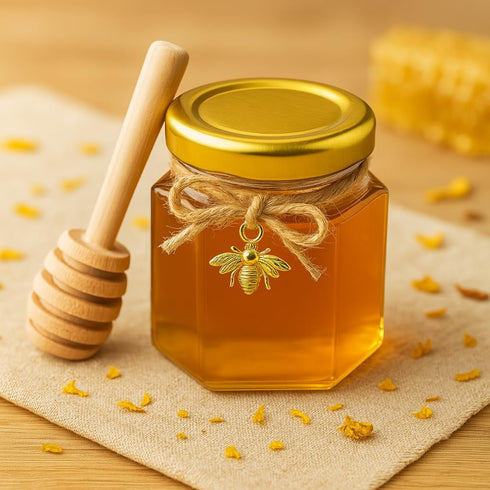 50 Pack 1.5 oz Hexagonal Glass Honey Jars in Bulk with Wooden Dipper Bee Charms Thank You Cards Burlap Fabric Twine