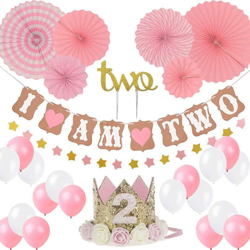 Birthday Decoration Set - Baby Party Crown, 2 st Birthday Party Hat, Princess Tiara, Cake Topper, Star Banner, Pink
