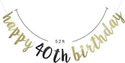 Happy 40th Birthday Banner, Pre-Strung Decorations for 40th Birthday Party (Gold & Black Glitter)