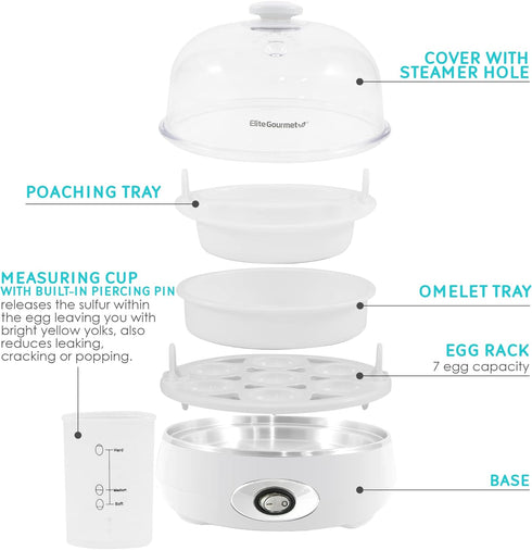 Elite Gourmet EGC007CHW Electric 7 Egg Capacity Cooker, Poacher, Omelet Maker, BPA Free