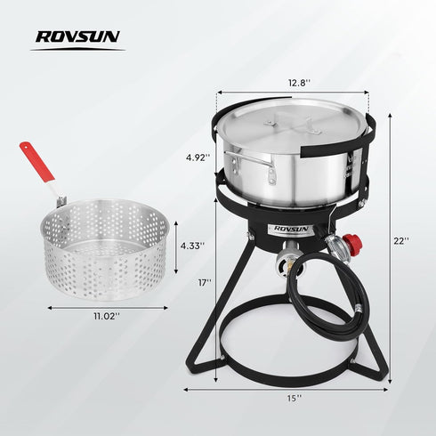 10Qt 55,000 6.7Qt ROVSUN Fish Fryer Pot with BTU Propane Burner, Strainer Basket, Thermometer & Lid, Aluminum Pot