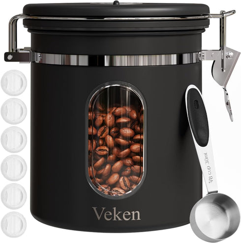 Veken Coffee Canister with Window, Airtight Stainless Steel Kitchen Food Storage Container with Date Tracker and Scoop