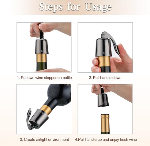 OWO Stainless Steel Wine Bottle Stopper, Reusable Wine Saver with Silicone Seal, Decorative Bottle Sealer (Metal Black,