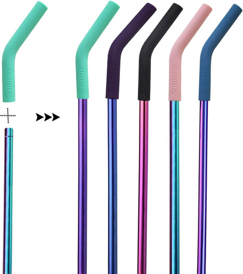 Senneny Set of 5 Stainless Steel Straws - Colorful with Silicone Flex Tips, 2 Cleaning Brushes and Portable Bag Included
