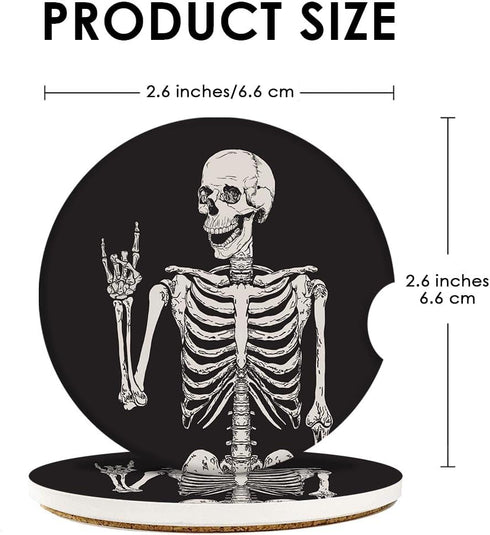 Britimes Absorbent Car Coasters, 2 Pack for Cup Holders, 2.56" Ceramic Stone with Non-Scratch Cork Base, Human Skeleton