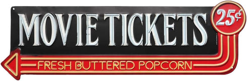 Movie Tickets 25 Cents Embossed Metal Sign - Large Vintage Wall Art with Arrow for Movie Room